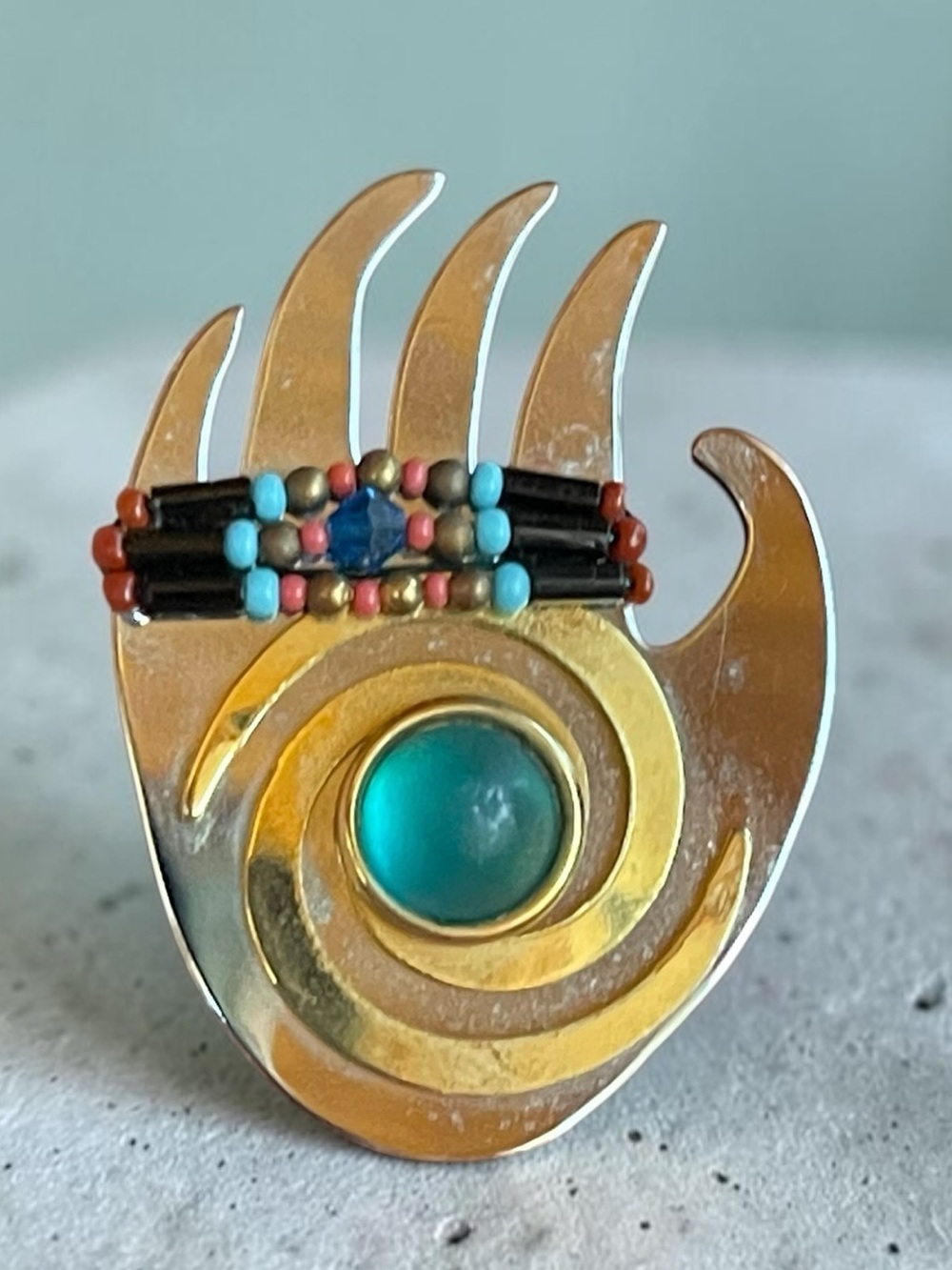 Liztech Blue Moonglow Seed Bead Hand Brooch 1997 Artisan Pin